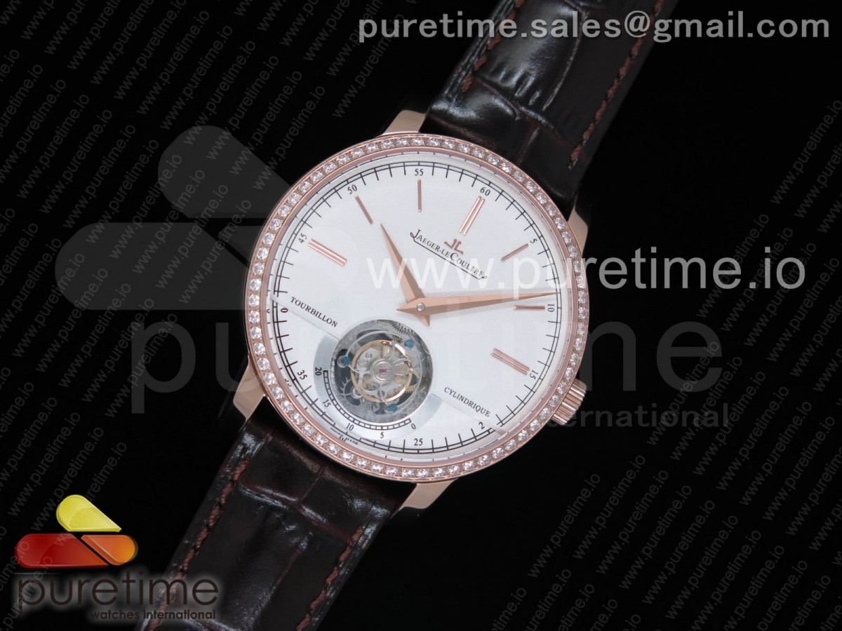 예거 르쿨트르 마스터 그랜드 뚜르비옹 Master Grand Tourbillon RG White Dial Diamonds Bezel on Brown Leather Strap
