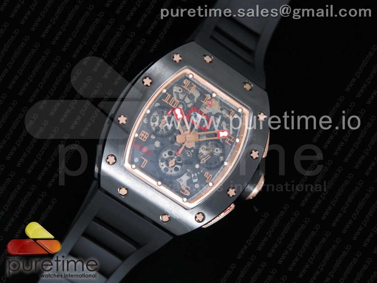 KV공장 리차드밀 RM011 RM011 Real Ceramic Case Chronograph KVF 1:1 Best Edition Crystal Skeleton Dial Gold Markers on Black Rubber Strap A7750