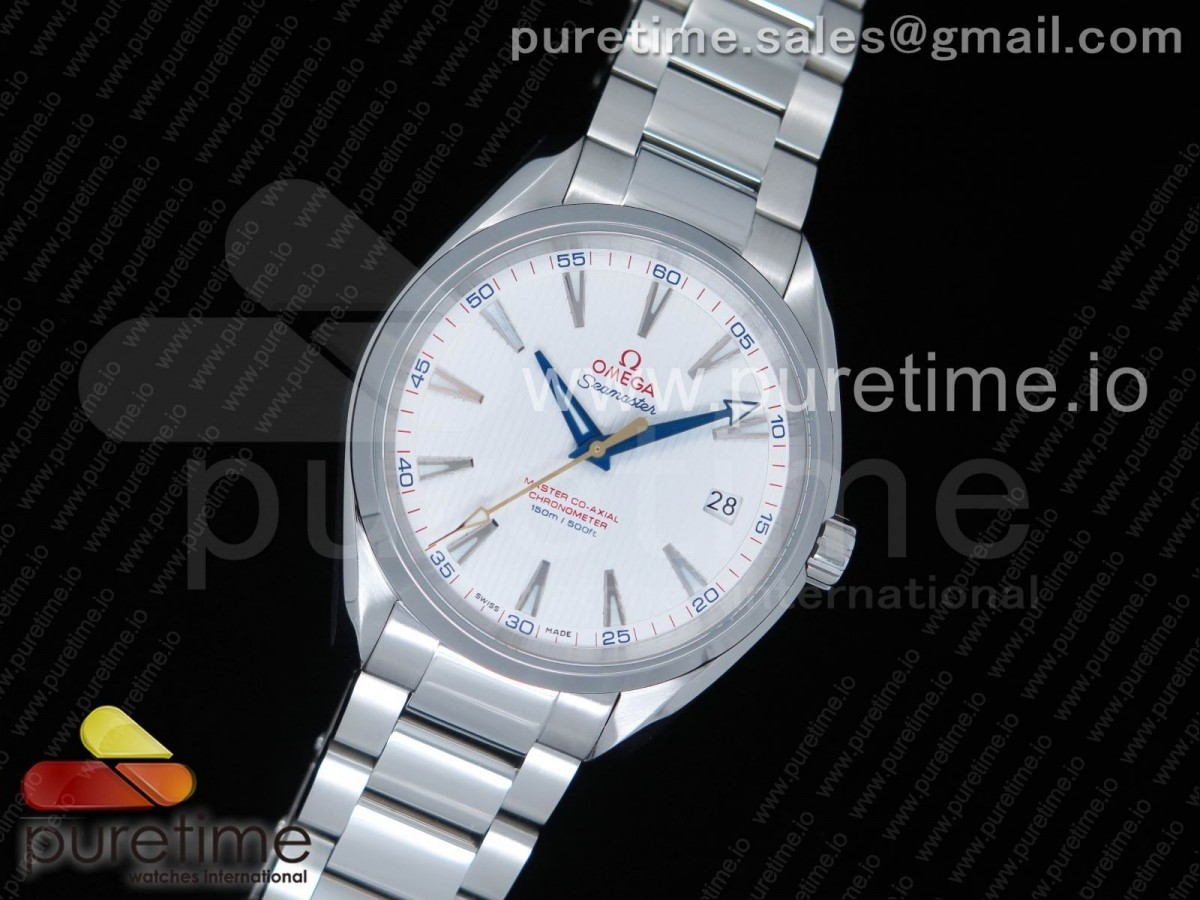 VS공장 오메가 화이트 다이얼 블루 핸즈 아쿠아테라 150M Aqua Terra 150M SS VSF 11 Best Edition White Textured Dial Blue Hands on SS Bracelet A8500 Super Clone