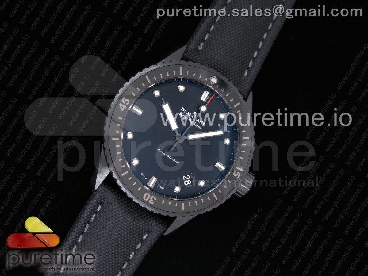 GF공장 블랑팡 피프티 패덤즈 바티스카프 블랙 세라믹 블랙 다이얼  Fifty Fathoms Bathyscaphe Black Ceramic GF 1:1 Best Edition Black Dial on Black Sail-Canvas Strap A1315 (Free Rubber Strap)