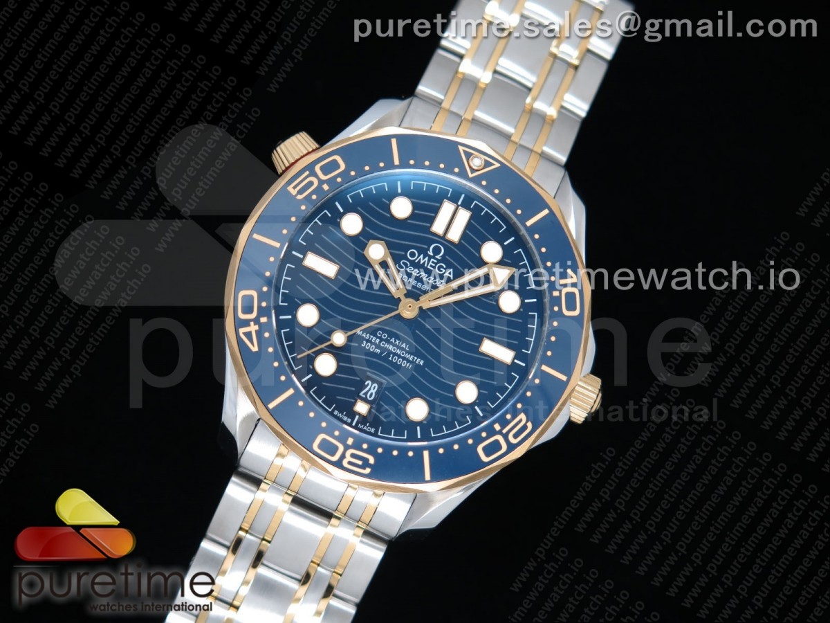 OM공장 오메가 씨마스터 다이버 300 옐로우골드 콤비 블루세라믹 브슬 / 2018 Seamaster Diver 300M SSYG OMF Best Edition Blue Ceramic Blue Dial on SSYG Bracelet A8800 (Black Balance Wheel)