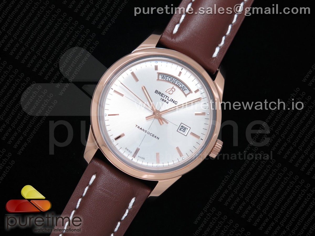 V7공장 브라이틀링 트랜스오션 데이데이트 로골 실버다이얼 가죽 / Breitling Transocean Day & Date Automatic V7F RG Silver Dial on Brown Leather Strap A2836