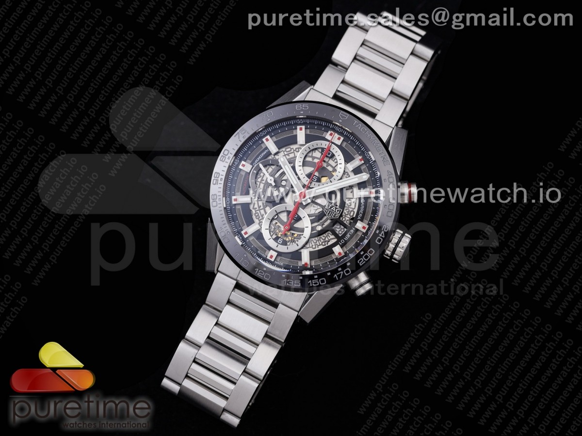 XF공장 칼리버호이어 43 스켈레톤다이얼 브슬 스틸 / Calibre Heuer 01 Chrono 43mm SS XF 11 Best Edition Skeleton Dial Red Hand on SS Bracelet A1887