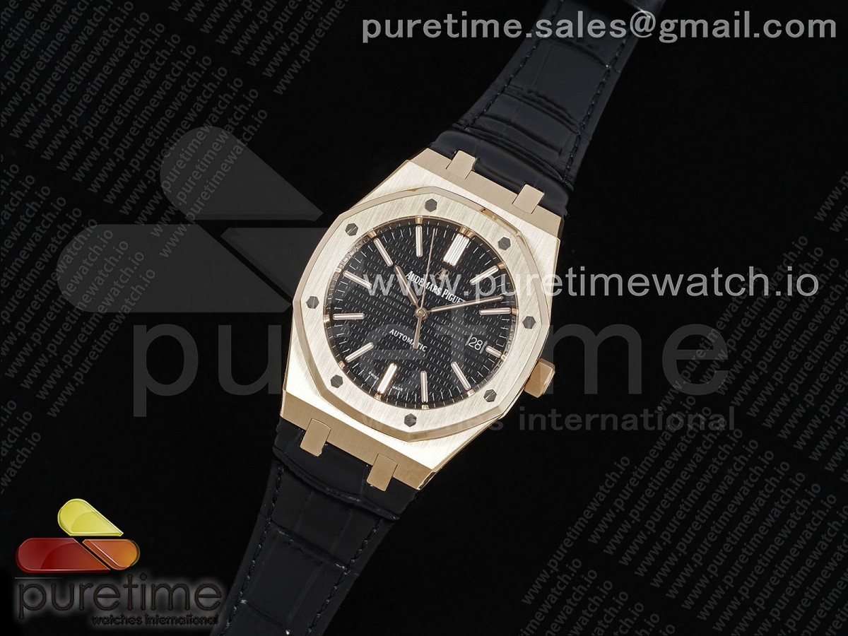 APSF공장 V4 오데마피게 로얄오크 15400 로즈골드 텅스텐 블랙다이얼 블랙가죽스트랩 Royal Oak 41mm 15400 RG APSF 11 Best Edition Black Dial on Black Leather Strap SA3120 Super Clone V4 (Gain Weight)