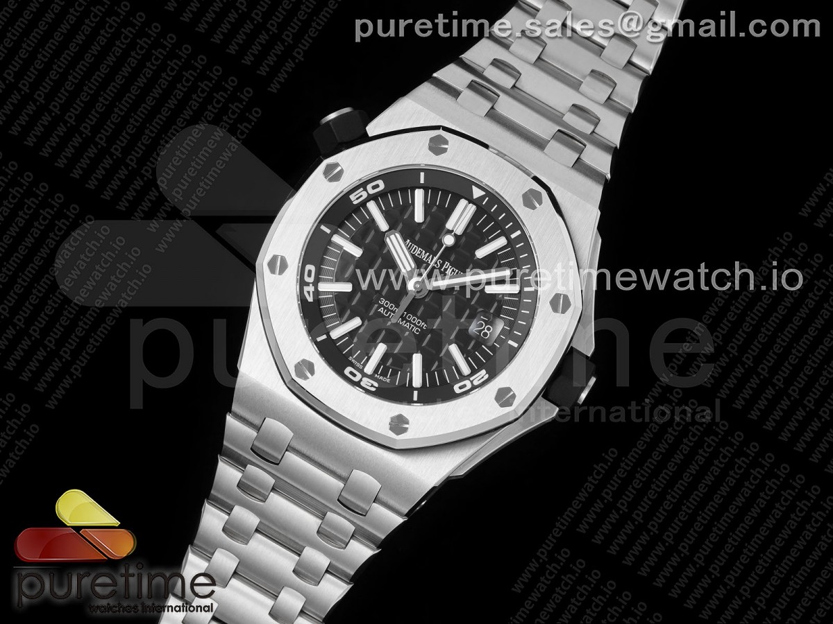 APSF공장 오데마피게 로얄오크 오프쇼어 다이버 15703 블랙다이얼 스틸브레이슬릿 ROYAL OAK OFFSHORE DIVER 15703 APSF 11 BEST EDITION BLACK DIAL ON SS BRACELET SA3120 SUPER CLONE