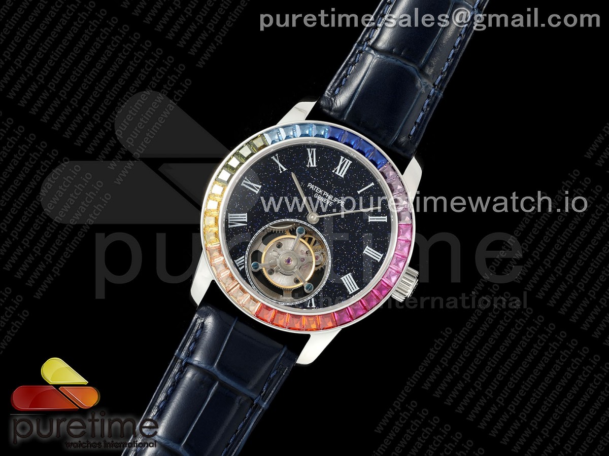 RMS공장 파텍필립 투어빌론PP Tourbillon SS Rainbow Bezel RMSF Edition Black Starry Dial on Blue Leather Strap