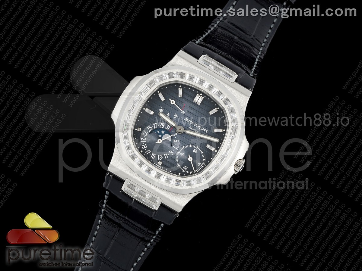 PPF공장 V3 파텍필립 노틸러스 5712 다이아베젤 블루바게트다이얼 블랙가죽스트랩 Nautilus 5712 Full Diamonds SS PPF 11 Best Edition Blue Dial on Black Leather Strap A240 Super Clone V3