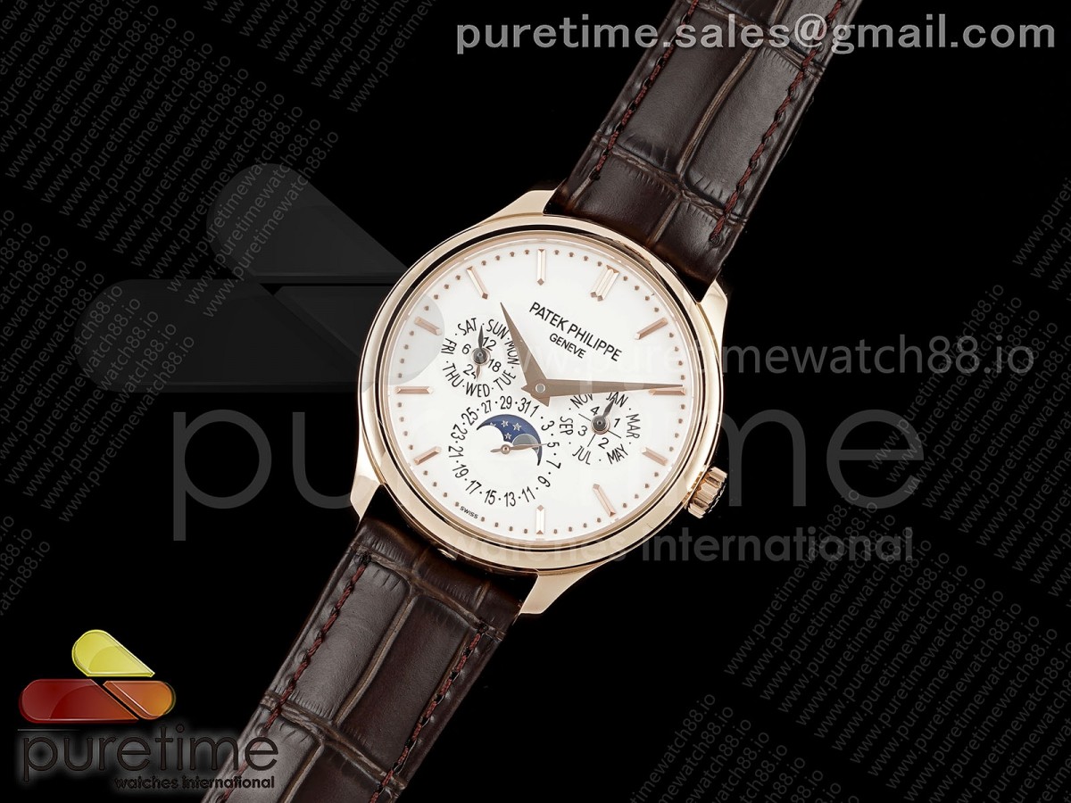 3K공장 파텍필립 퍼페추얼 캘린더 5140 로즈골드 화이트 바인덱스Perpetual Calendar 5140 RG 3KF Best Edition White Dial on Brown Leather Strap A240