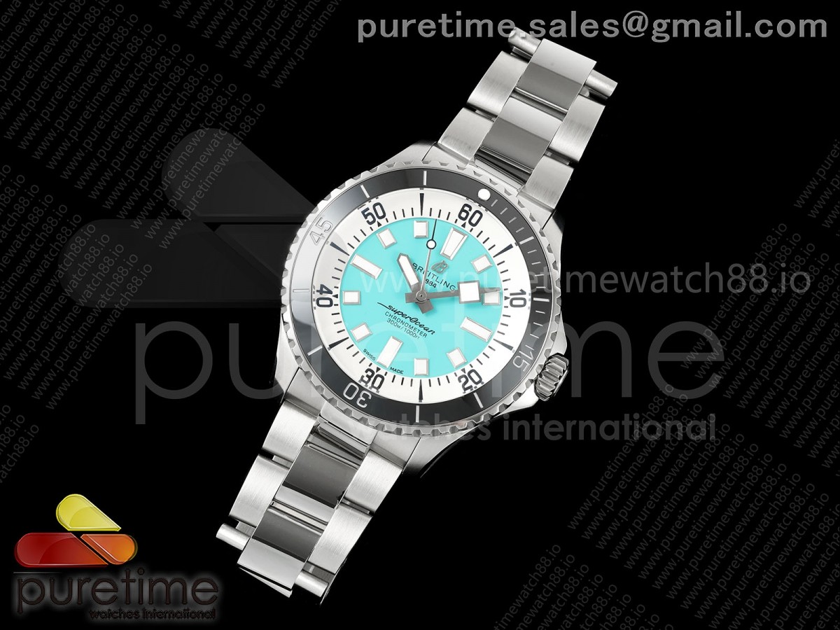 TF공장 브라이틀링 슈퍼오션 44미리 블랙베젤 티파니블루다이얼 스틸브레이슬릿 SuperOcean Automatic 44 SS Black Bezel TF 11 Best Edition Tiffany Blue Dial on SS Bracelet A2824