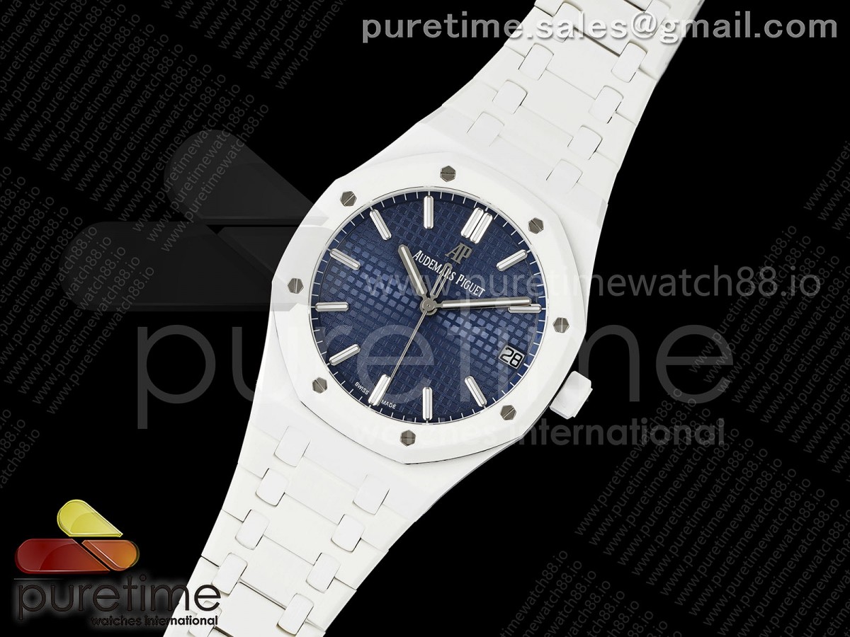 APSF공장 오데마피게 로얄오크 15500 화이트세라믹 블루다이얼 세라믹브레이슬릿 ROYAL OAK 15500 WHITE CERAMIC APSF 11 BEST EDITION BLUE DIAL ON WHITE CERAMIC BRACELET SA4302 SUPER CLONE