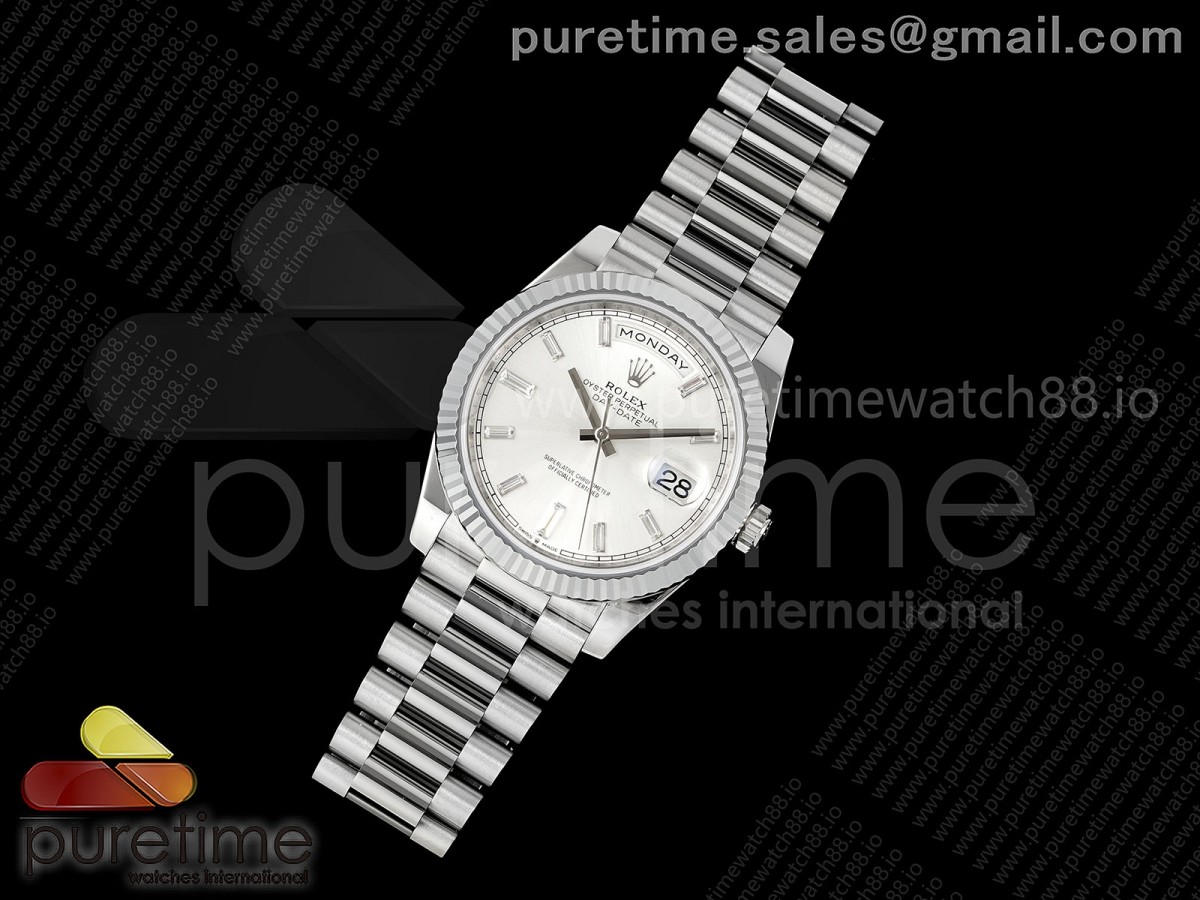RC공장 롤렉스 데이데이트40 텅스텐 실버바게트다이얼 스틸브레이슬릿Day Date 40 SS RCF 11 Best Edition Silver Crystal Dial on President Bracelet VR3255